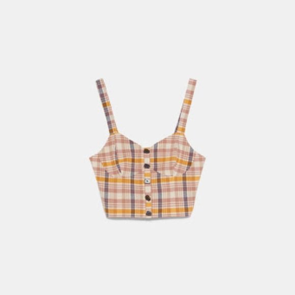 Zara Plaid Checkered Button Smocked Crop Top (NWT) - Picture 4 of 4